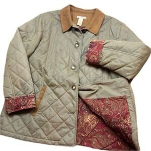 Orvis Quilted Barn Jacket Barn Chore Coat Suede Collar PaisleyLined Womens Sz M